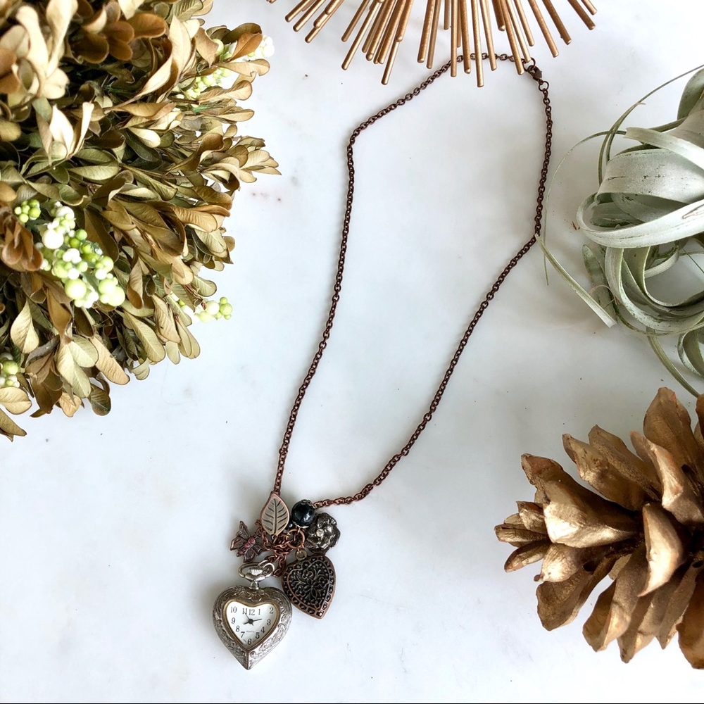 Vintage antique bronze necklace w/heart timepiece